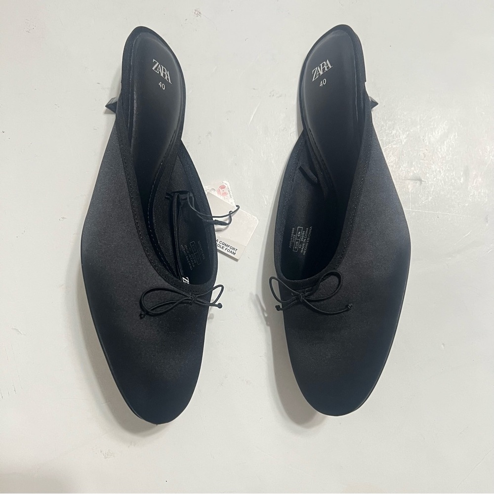 Zara Black Satin Kitten Heel Mules with Bow - Picture 10 of 13